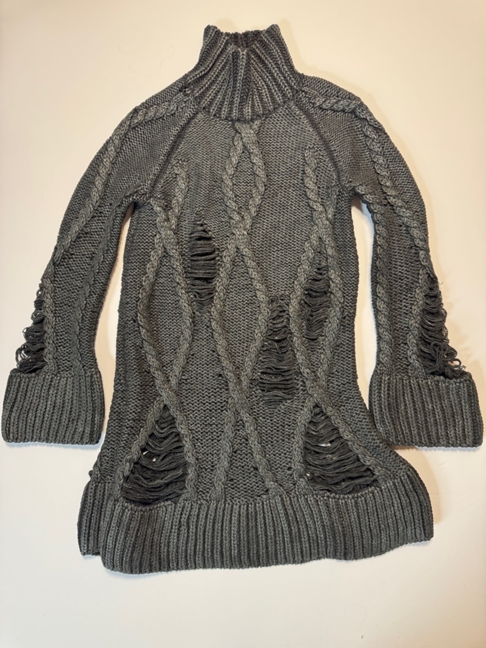 ALEXANDER McQUEEN 09 Dark Gray Cable-Knit Turtleneck Sweater Dress Distressed SM - Picture 2 of 16